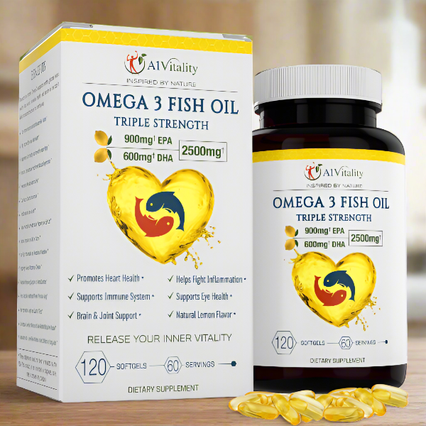 Box and Bottle of Omega 3 Fish Oil with some capsules to the front of the bottle.